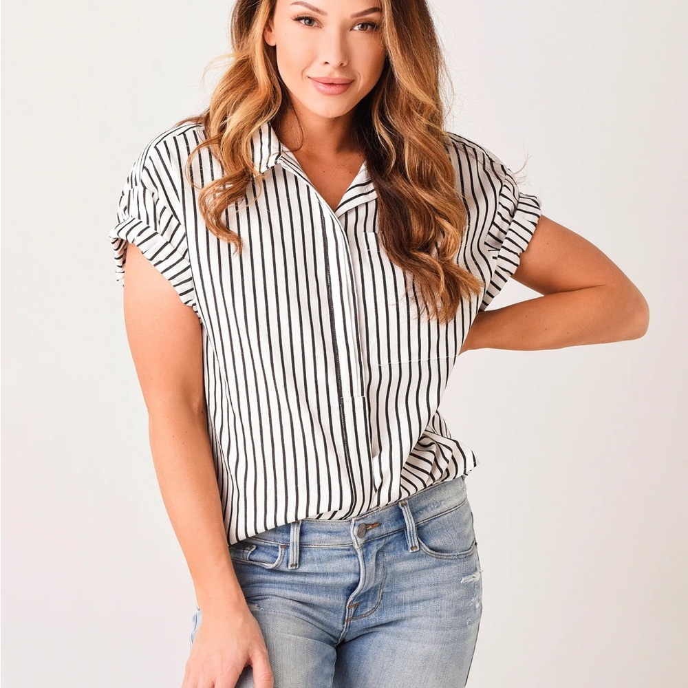 Frame Navy and White Striped Sheila Short Sleeve Shirt